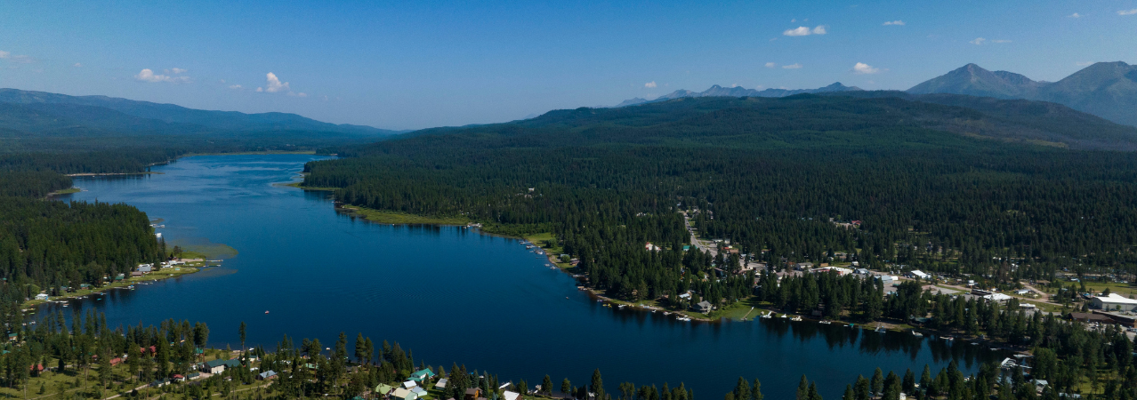 Aerial landscape of the lake in Seeley Lake