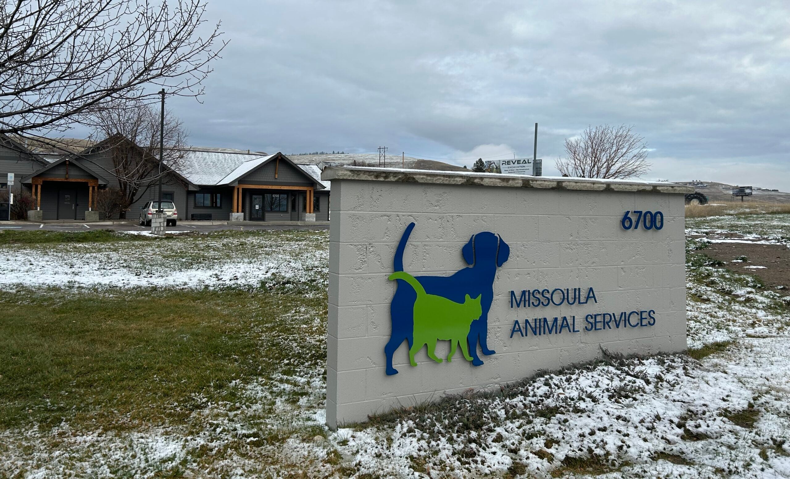 The front of the newly renovated Missoula Animal Services shelter with a sign in front that says, "Missoula Animal Services."